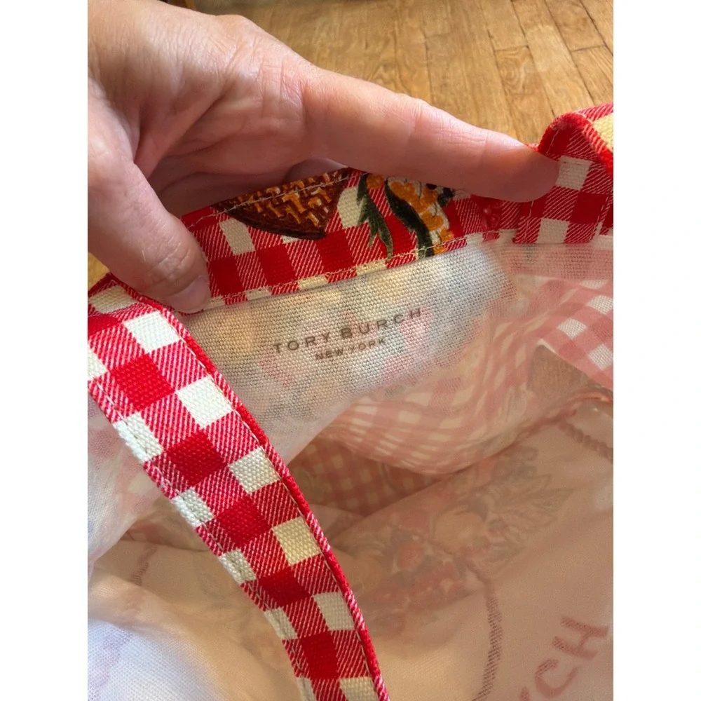 Tory Burch Fruits Du Marche Canvas Tote Bag Limited Edition Plaid Gingham Picnic